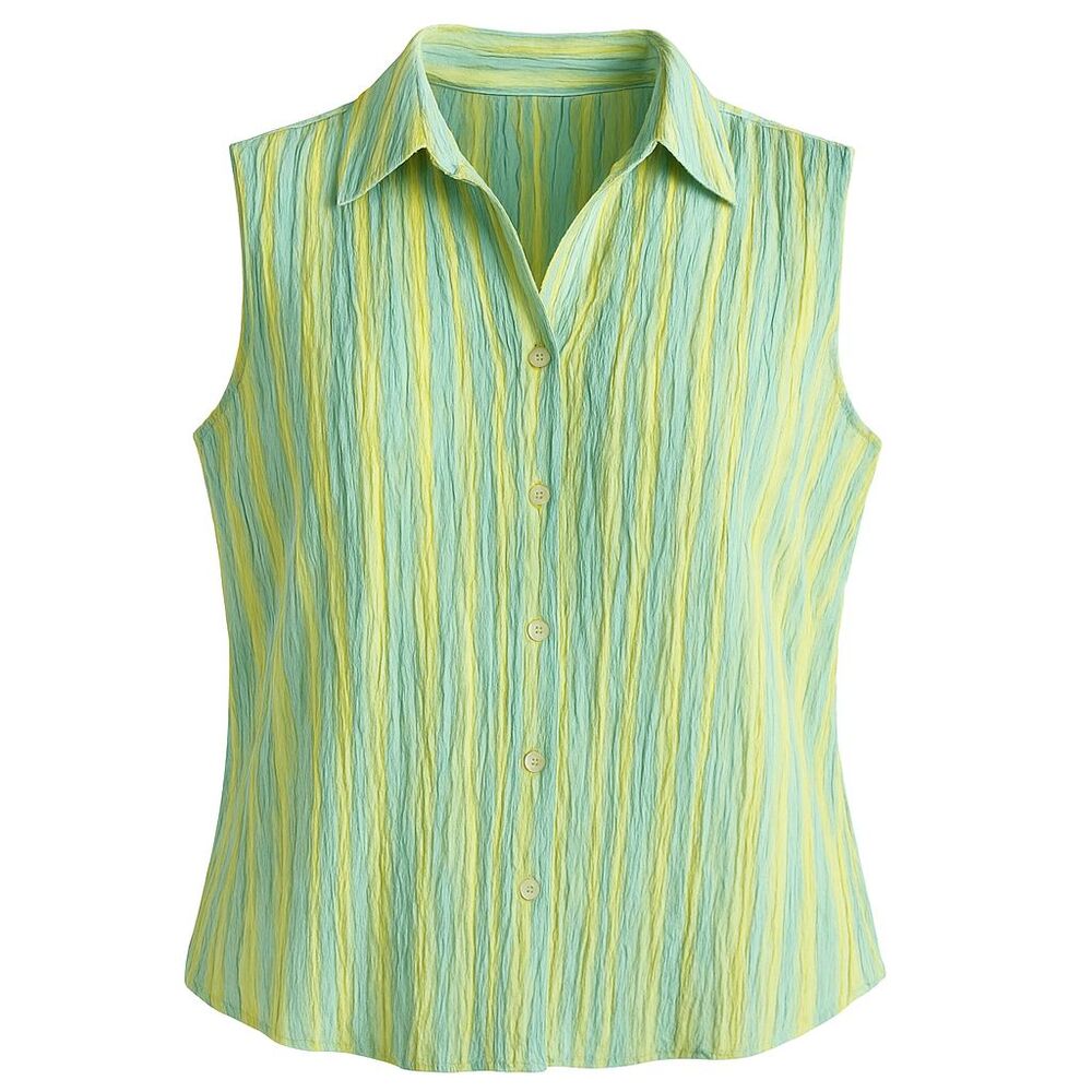 Sleeveless Crinkle Blouse Size 12 Casual Button Down Collared Green Blue